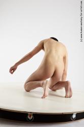 Nude Man Asian Kneeling poses - ALL Slim Short Kneeling poses - on both knees Black Realistic